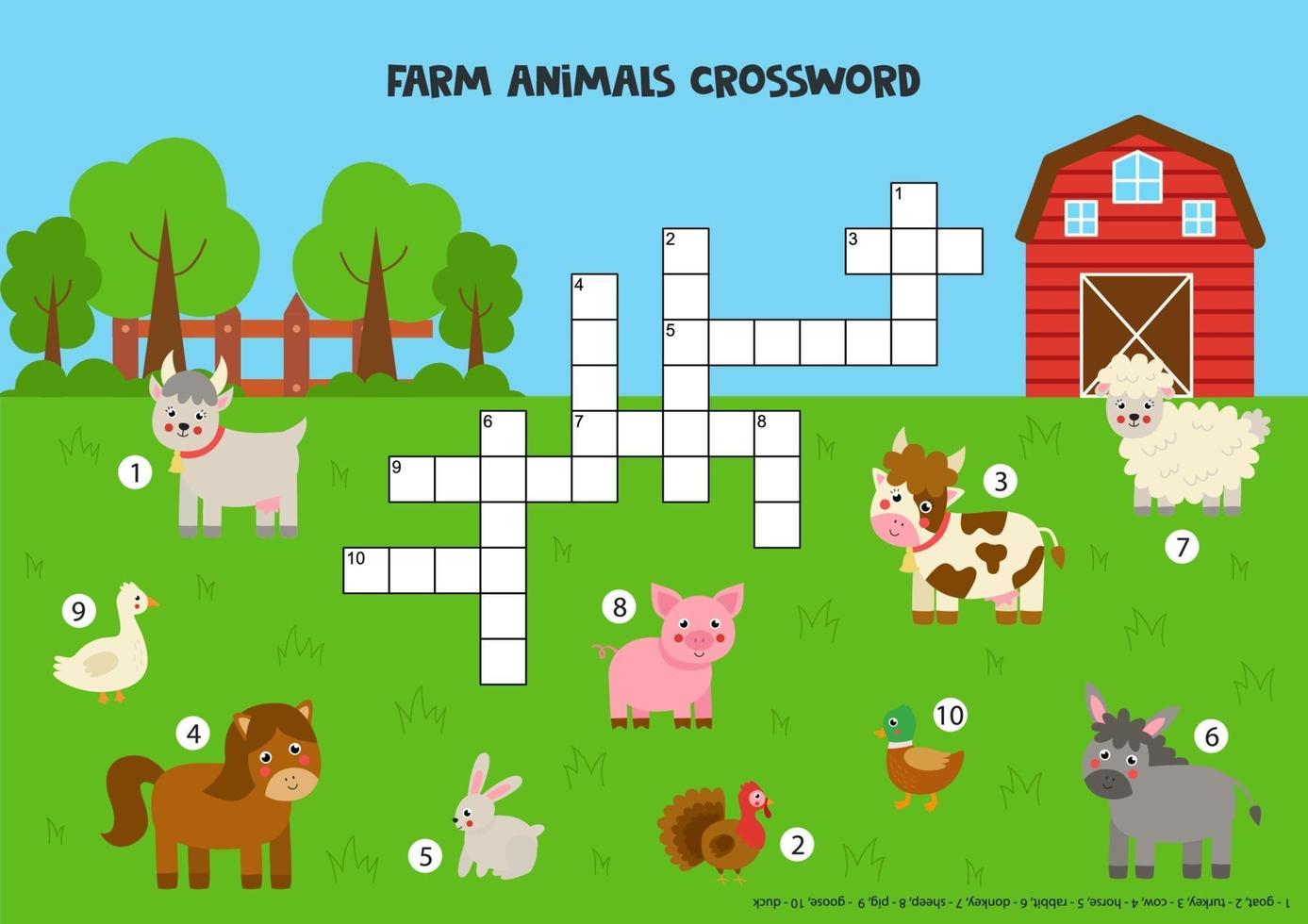 puzzle de mots croisés pour les enfants avec des animaux de ferme mignons. vecteur