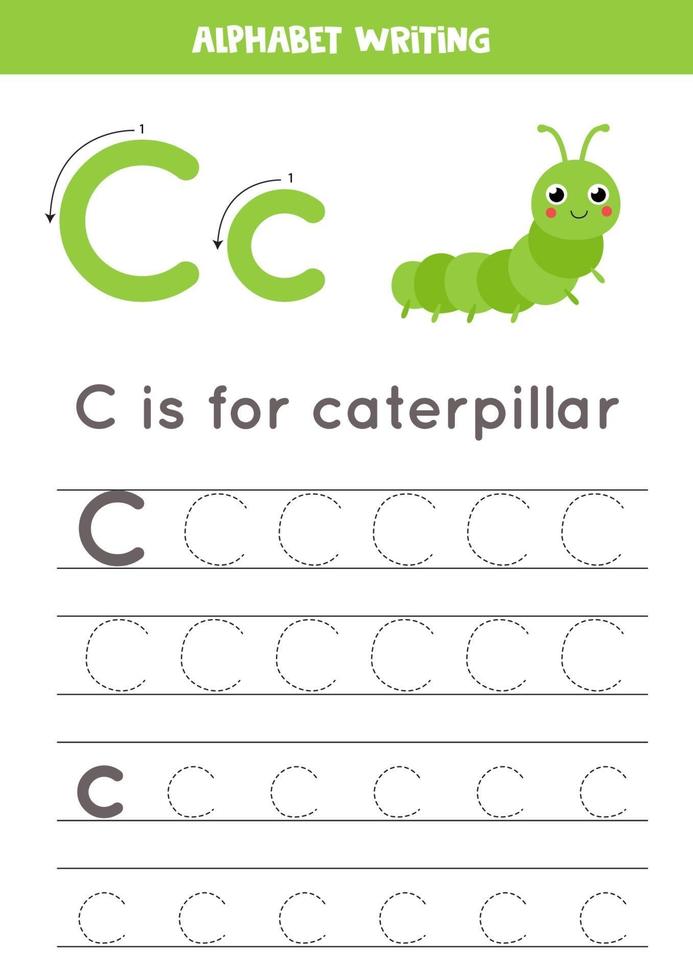 traçage de la lettre de l'alphabet c avec chenille de dessin animé mignon. vecteur