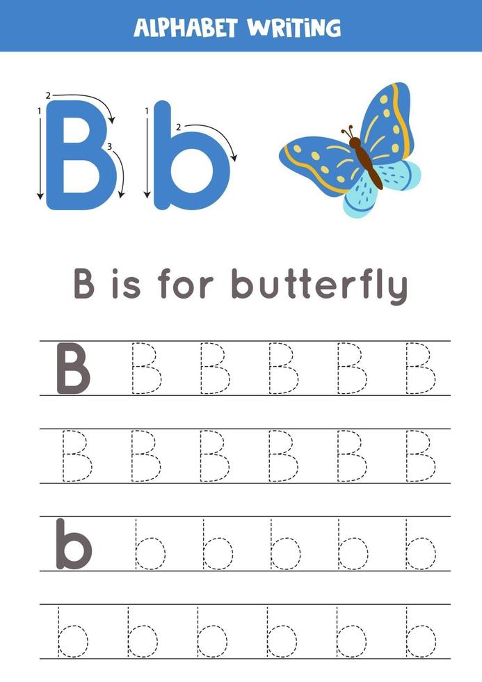 pratique de l'écriture manuscrite avec lettre de l'alphabet. traçage b. vecteur