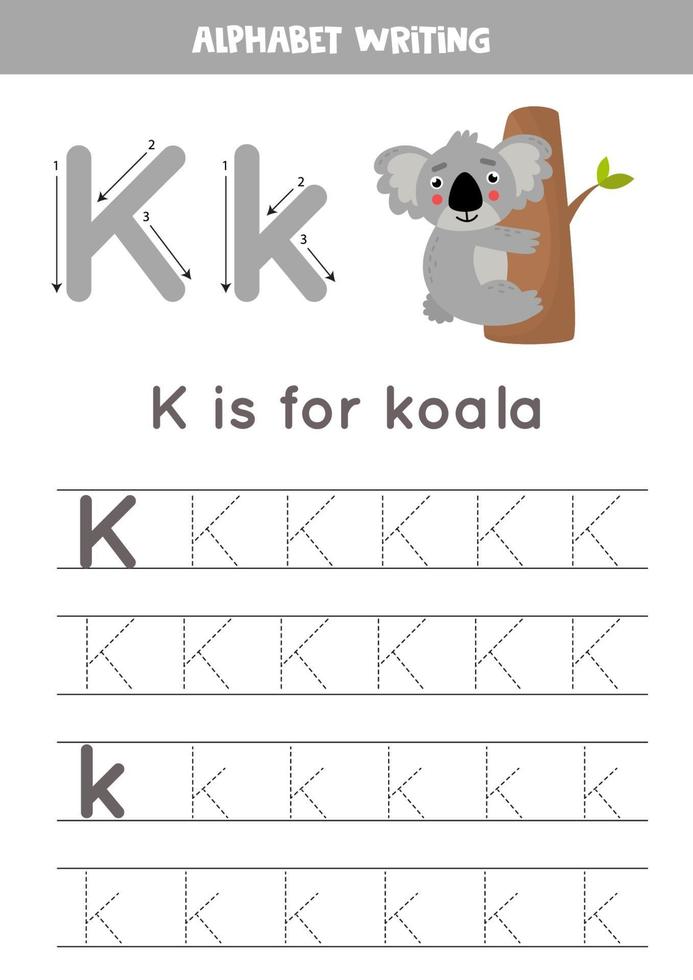 k est pour koala. traçage de la feuille de calcul de l'alphabet anglais. vecteur