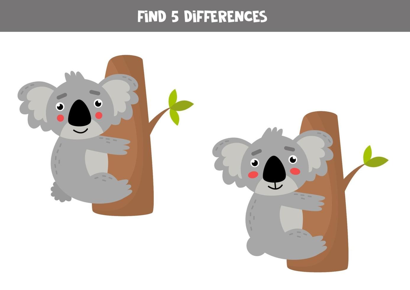 trouver 5 différences entre deux images avec un koala mignon. vecteur