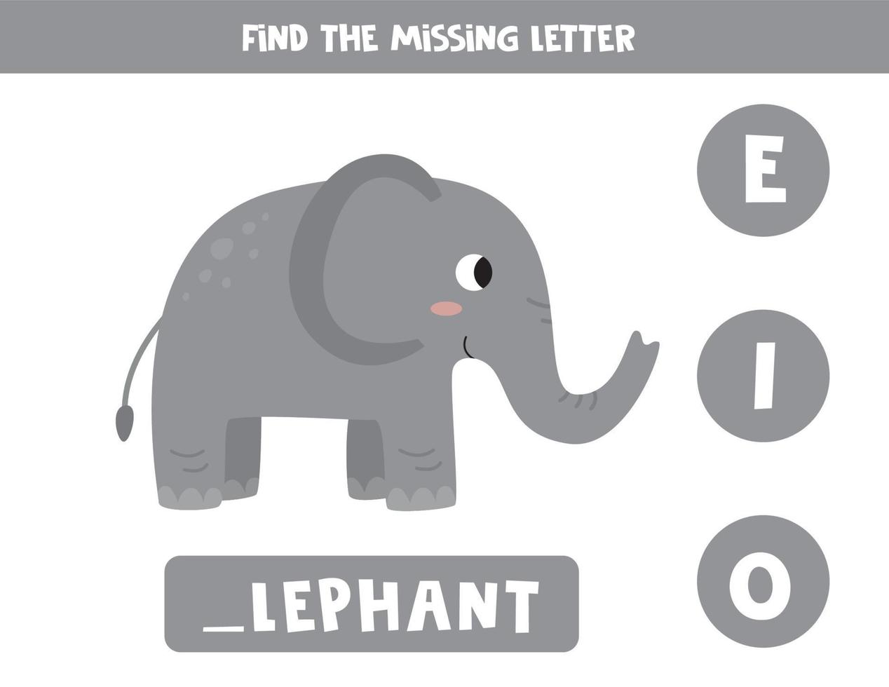 trouvez la lettre manquante et notez-la. éléphant de dessin animé mignon. vecteur