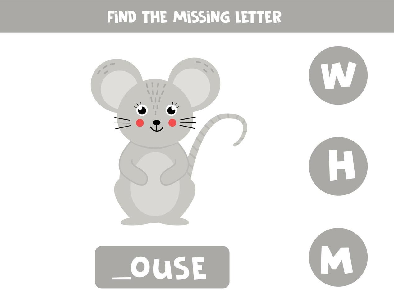 trouvez la lettre manquante et notez-la. souris de dessin animé mignon. vecteur
