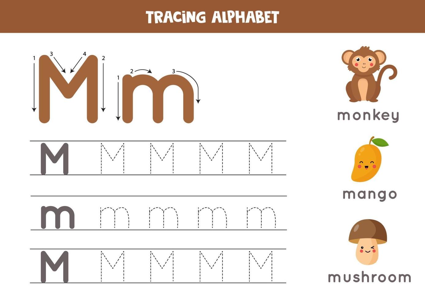 traçage de la lettre de l'alphabet m avec des images de dessin animé mignon. vecteur