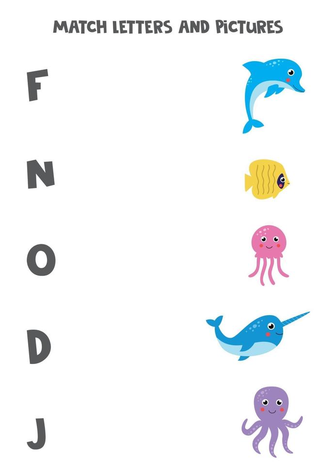 jeu d'association pour les enfants. trouver des animaux marins et des lettres avec lesquelles ils commencent. vecteur