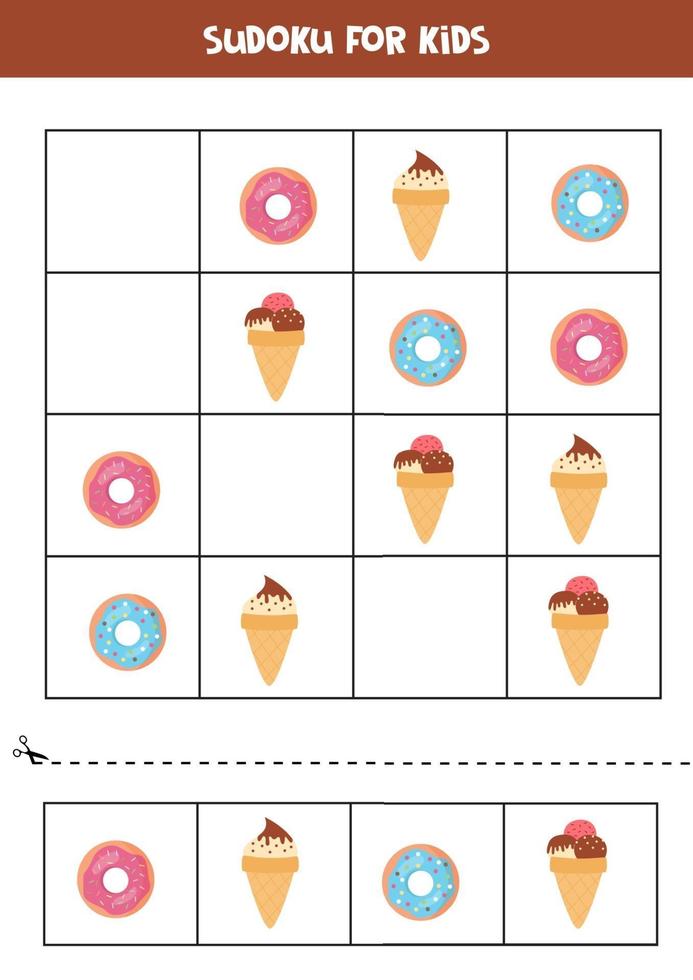 jeu de sudoku avec des beignets de dessin animé et des glaces. vecteur