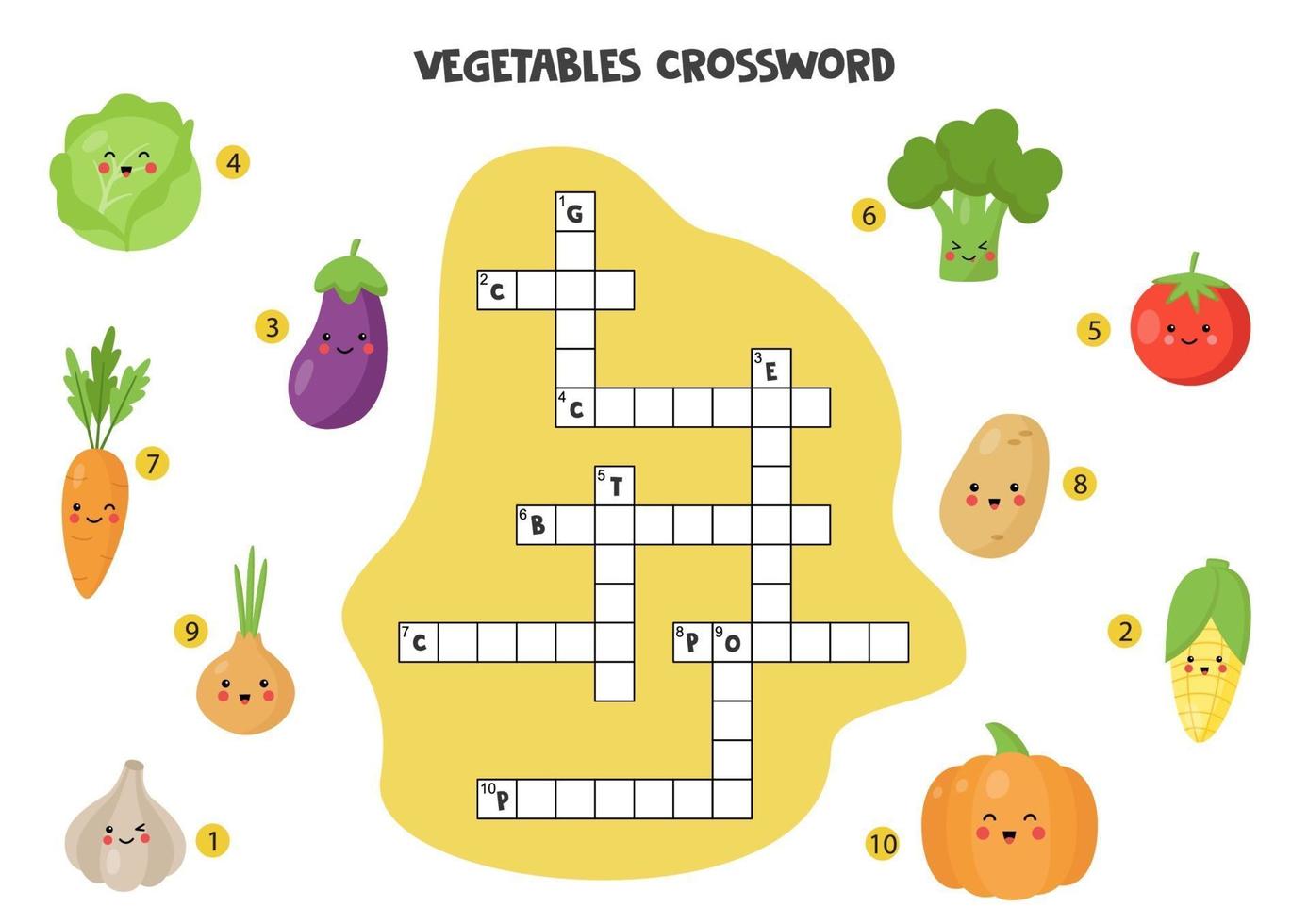 puzzle de mots croisés pour les enfants avec des légumes mignons. vecteur