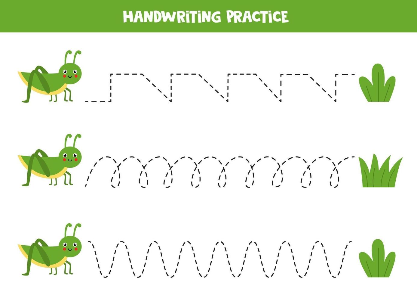 tracez les lignes avec une jolie sauterelle et de l'herbe. pratique de l'écriture. vecteur