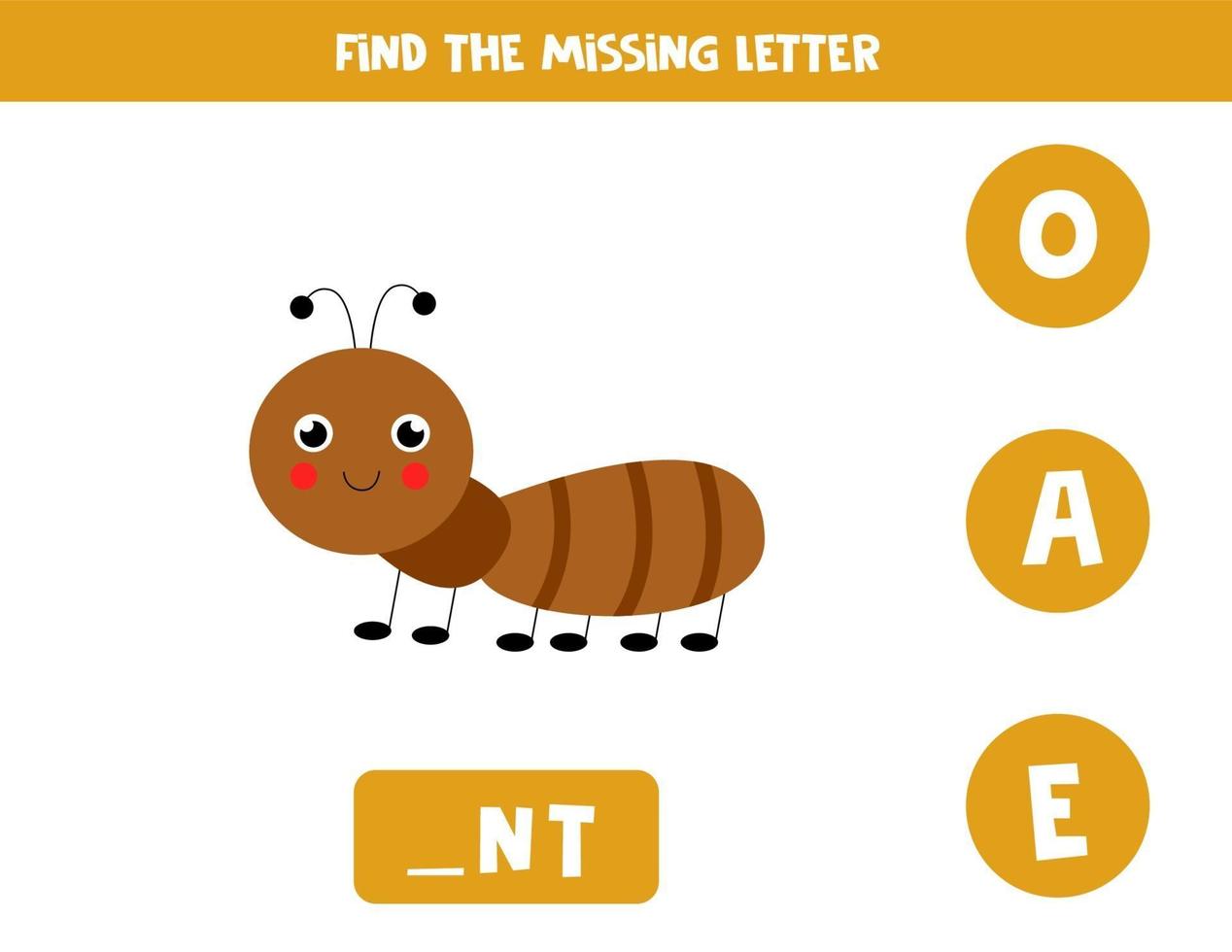 trouver la lettre manquante avec une fourmi mignonne. feuille de calcul d'orthographe. vecteur
