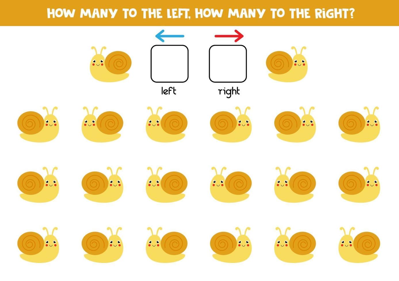 à gauche ou à droite avec un escargot mignon. feuille de calcul logique pour les enfants d'âge préscolaire. vecteur
