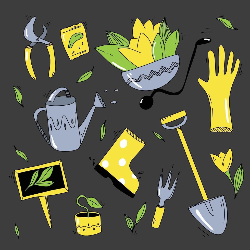 ensemble d'outils de jardin aquarelle. équipement pour jardinier, style doodle. éléments dessinés à la main. vektor avec fond noir vecteur
