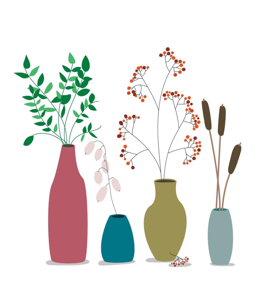 vases avec fleurs et plantes sèches. céramique avec des feuilles d'eucalyptus mortes. vecteur