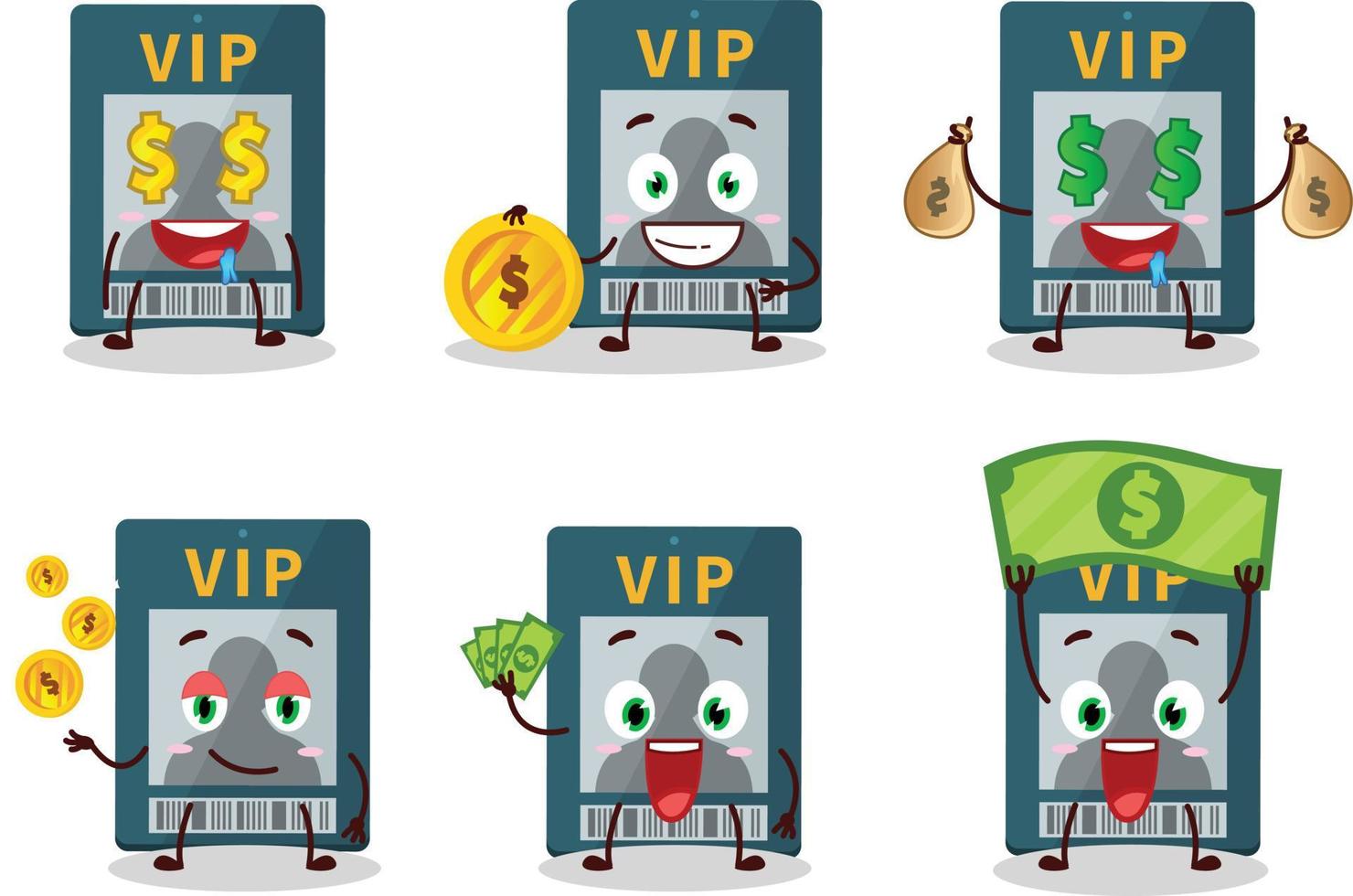 VIP carte dessin animé personnage avec mignonne émoticône apporter argent vecteur