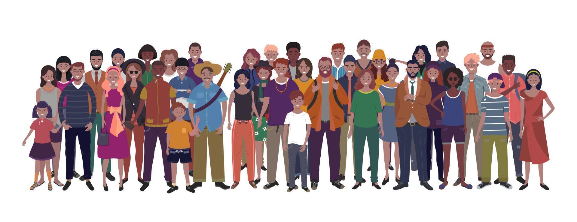 grand groupe de gens de différent nationalité, l'ethnie et âge isolé sur blanc Contexte. enfants, adultes et adolescents supporter ensemble. vecteur illustration