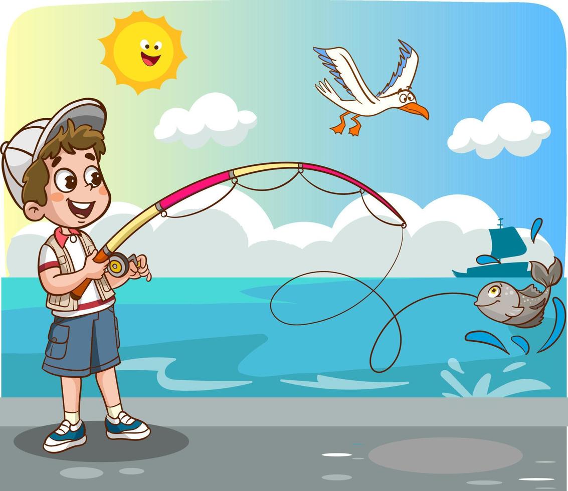 des gamins pêche dans le mer dessin animé vecteur