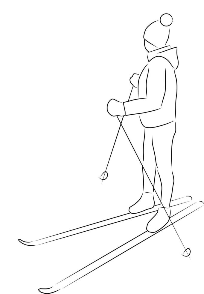 femme ski, vecteur. main tiré esquisser. vecteur