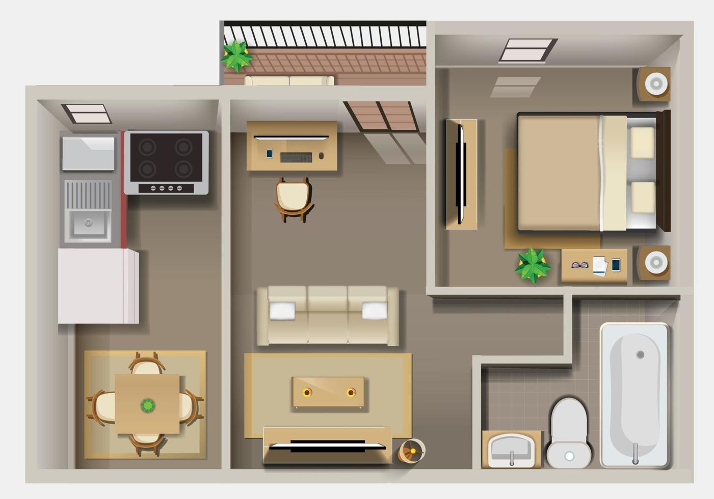 Plan détaillé de l'intérieur de l'appartement vue de dessus vecteur