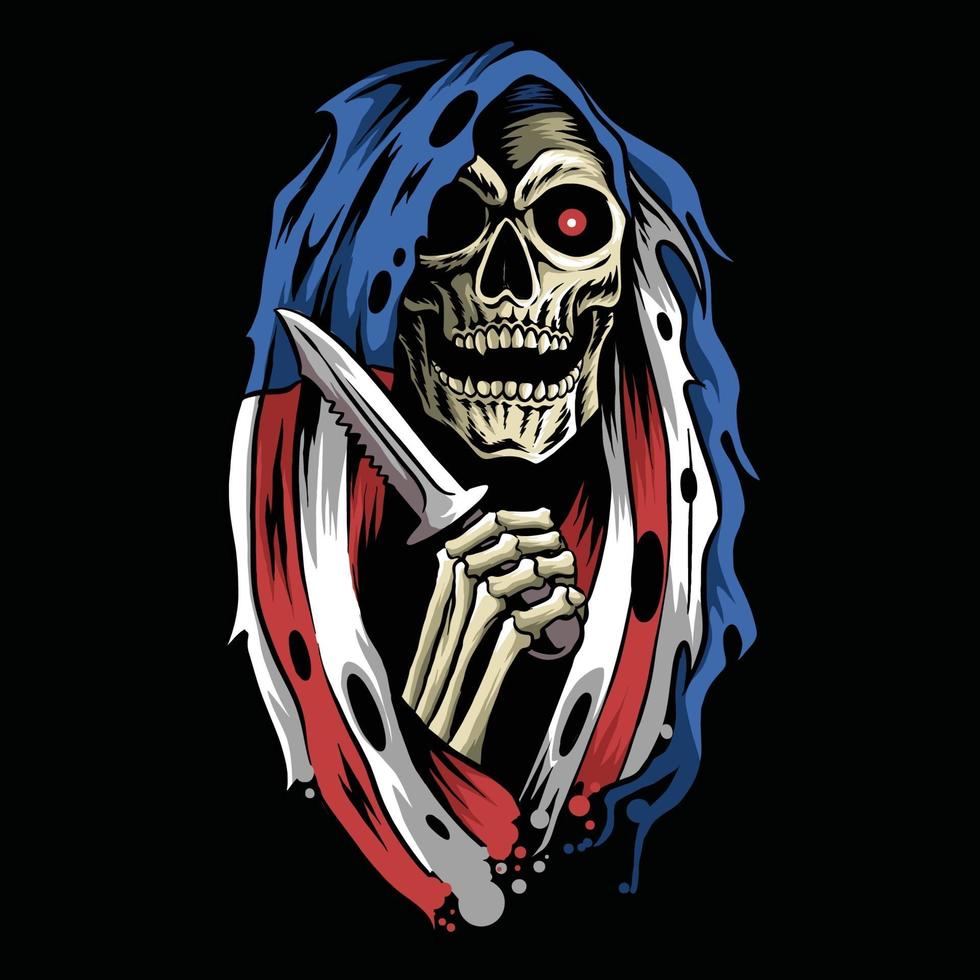 Ange de la mort grim reaper avec cape capuche drapeau américain tenant un poignard vecteur