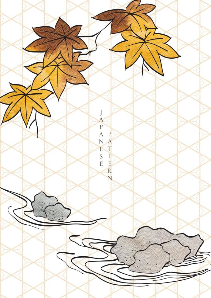 Japonais Contexte avec asiatique traditionnel érable feuille et pierre décoration vecteur. géométrique modèle bannière conception avec abstrait art éléments dans ancien style. vecteur