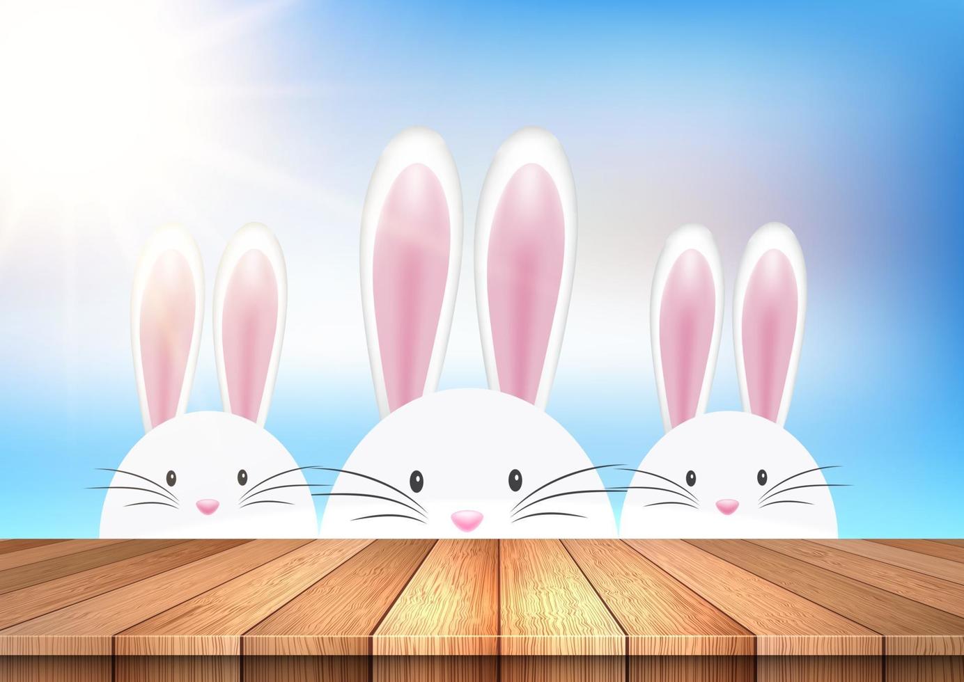 Fond de Pâques avec des lapins à la recherche d'une table en bois vecteur