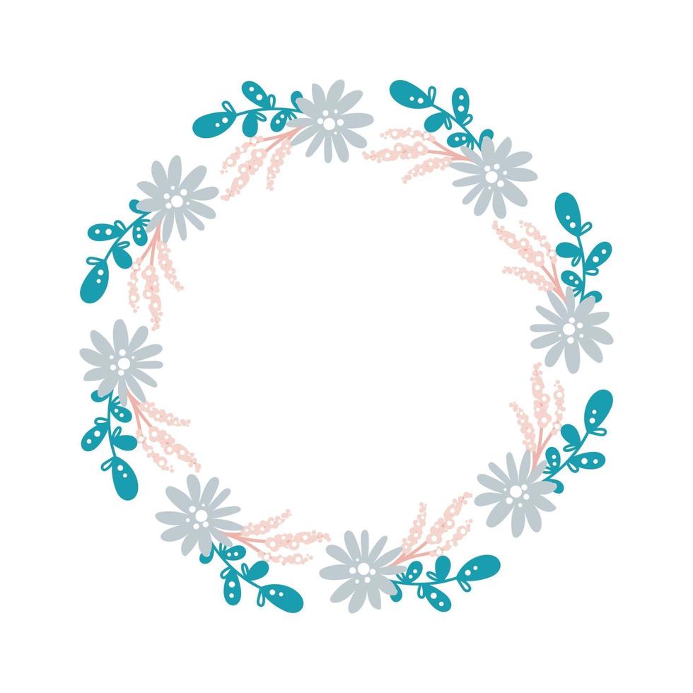 couronne d'herbes de fleurs d'été scandinave. cadre de jardin printemps plat abstract vector, vacances romantiques de jour de femme, décoration de carte d'invitation de mariage. illustration de lélément été floral isolé vecteur