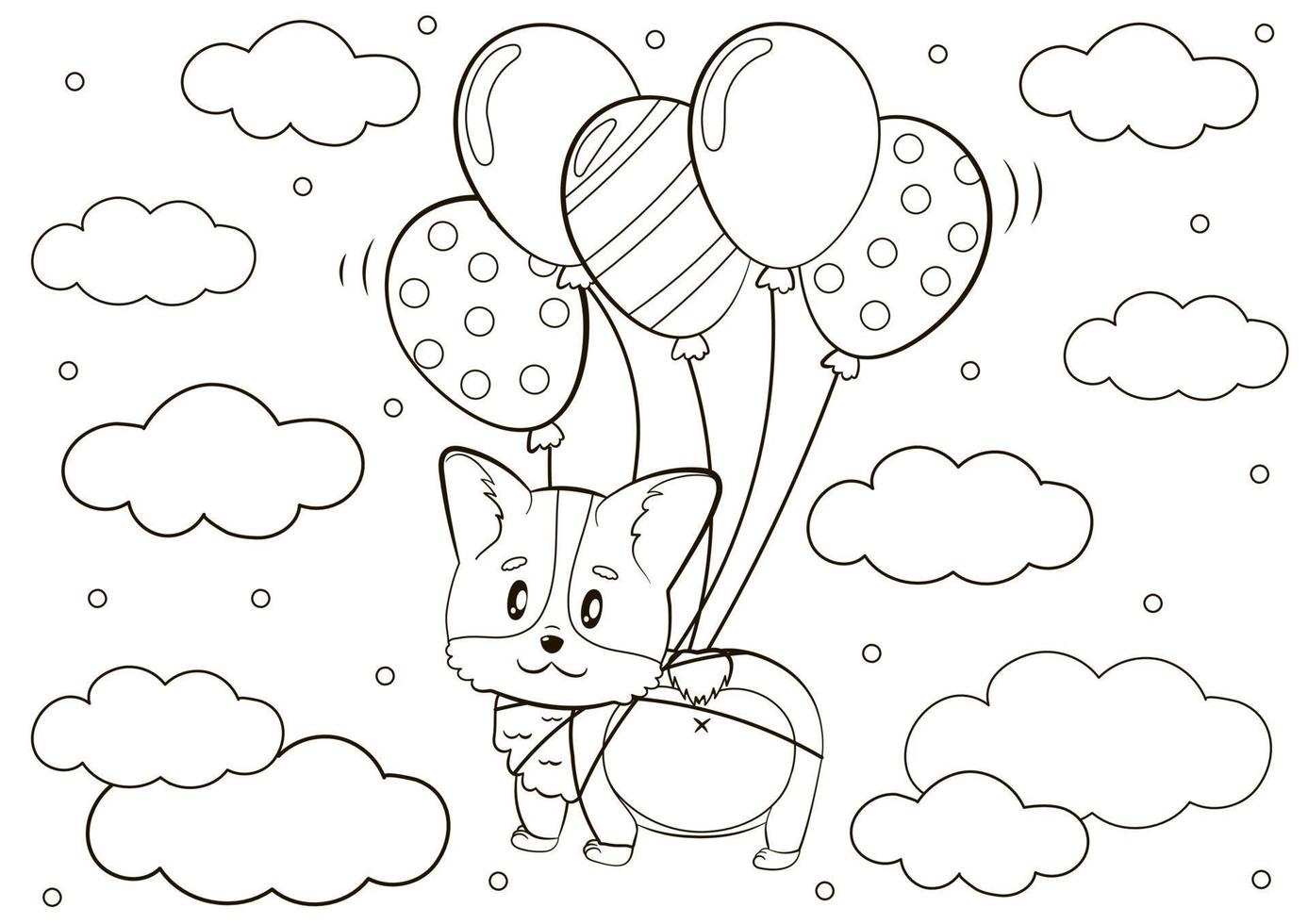 mignonne coloration page avec mignonne corgi chiot personnage flottant lié à cœur des ballons vecteur