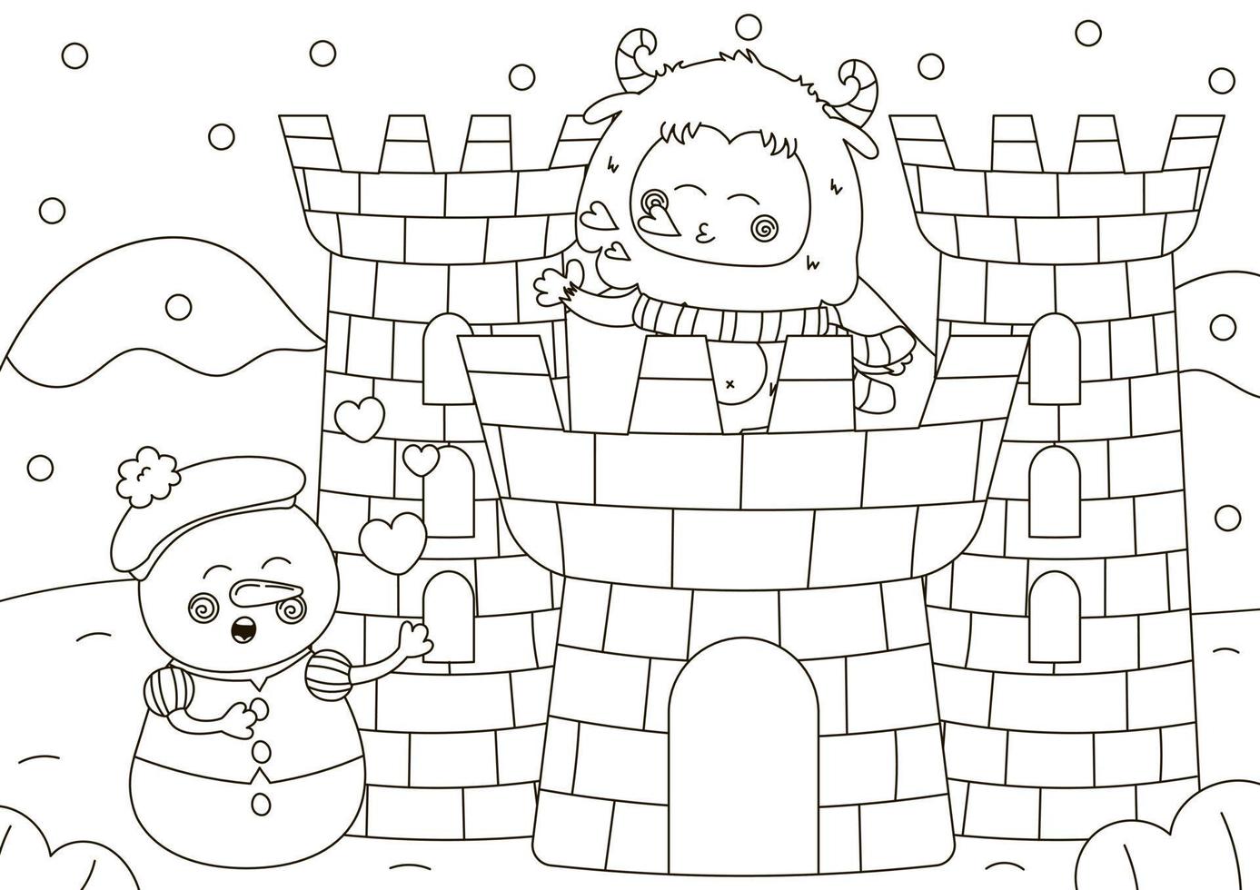 marrant coloration page avec mignonne yéti personnage soufflant une baiser de neige Château et bonhomme de neige en chantant romantique chanson vecteur