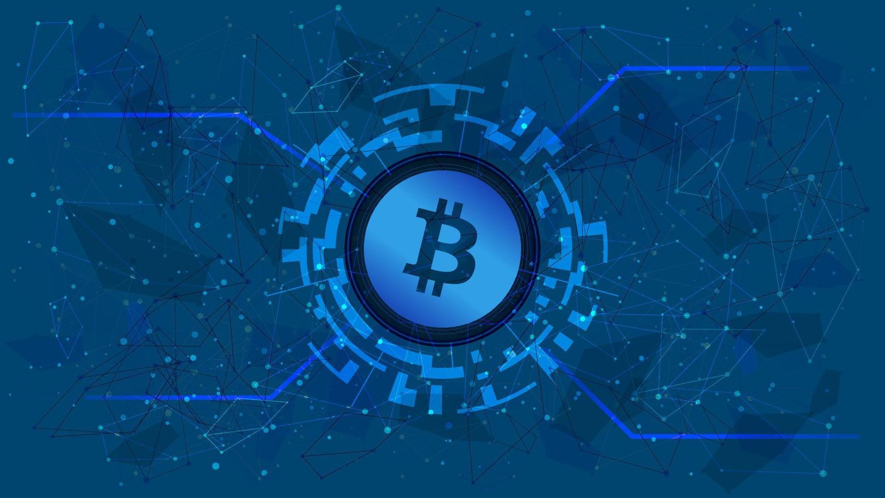 bitcoin jeton symbole dans une numérique cercle avec une crypto-monnaie thème sur une bleu Contexte. btc pièce de monnaie icône. numérique or pour site Internet ou bannière. copie espace. vecteur eps10.