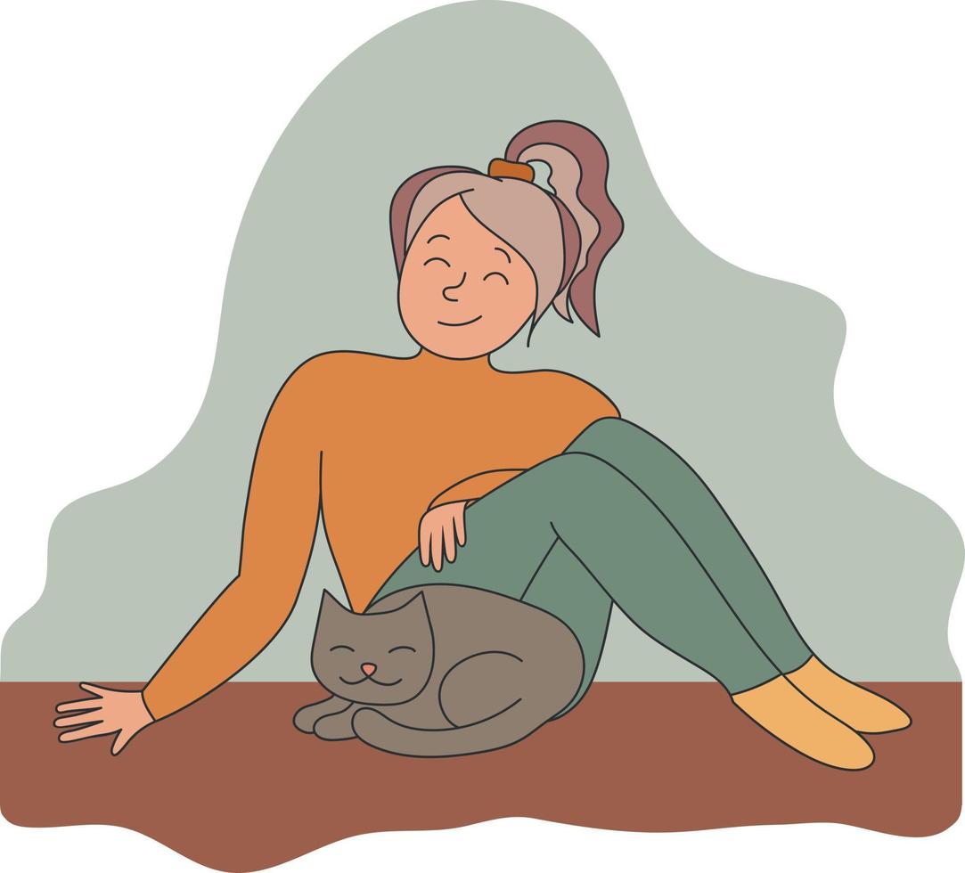 Jeune femme est repos près sa en train de dormir chat. fille séance avec une chat. main tiré art dans pâle couleurs vecteur