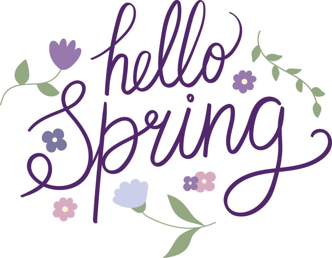 main tiré phrase Bonjour printemps entouré par fleurs. salutations le arrivée de printemps. caractères. écriture. calligraphie inspiré vecteur