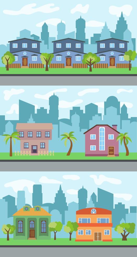 ensemble de trois illustrations vectorielles de la rue de la ville avec des maisons de dessin animé et des arbres. paysage urbain d'été. vue sur la rue avec paysage urbain en arrière-plan vecteur