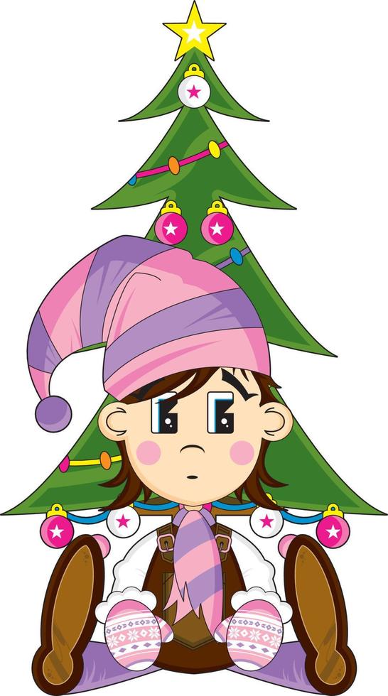 mignonne dessin animé Noël elfe et Noël arbre vecteur