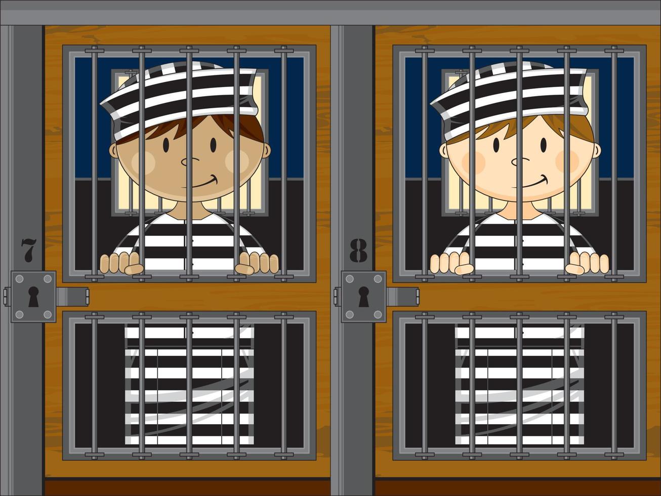 dessin animé les prisonniers portant classique rayé prison uniforme dans prison cellule vecteur