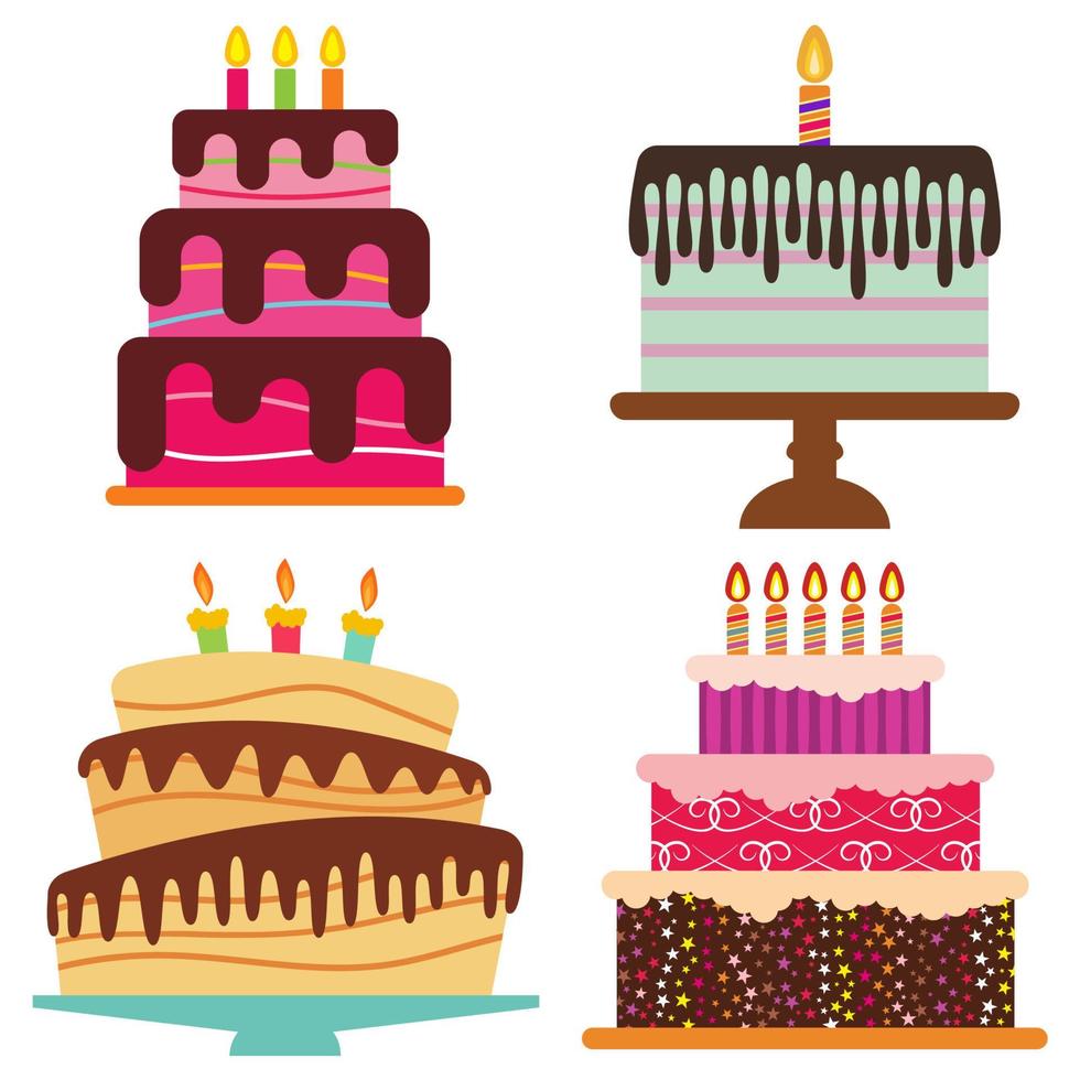 ensemble de quatre sucré anniversaire gâteau avec brûlant bougies. coloré vacances dessert. vecteur fête Contexte.