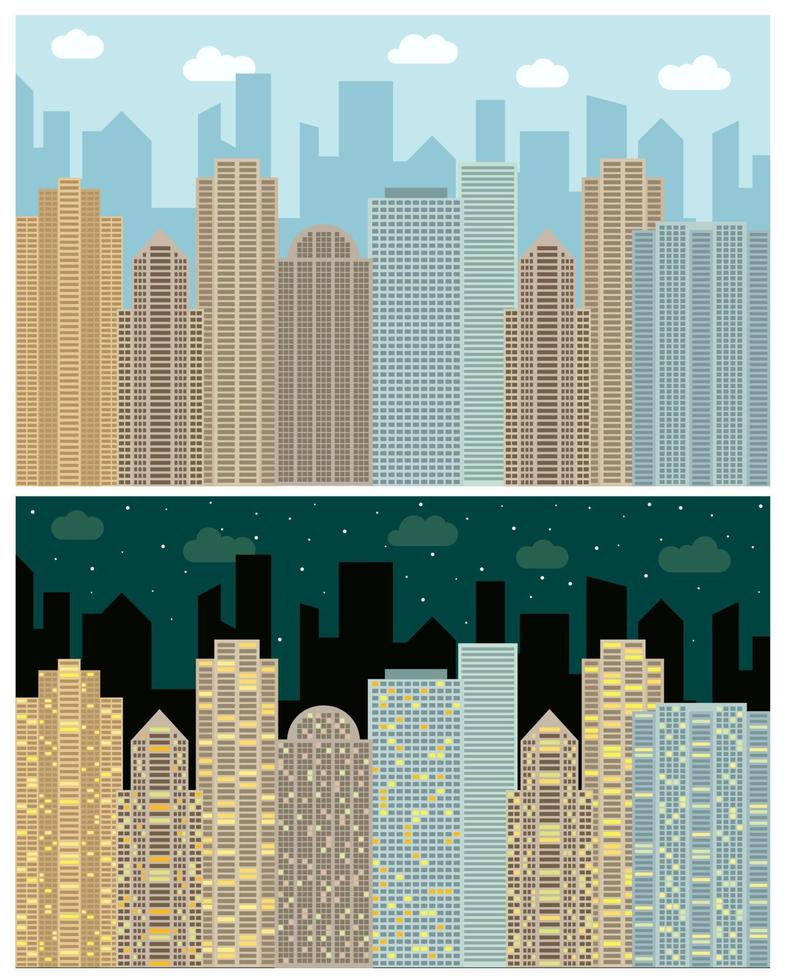 rue vue avec paysage urbain, grattes ciels et moderne bâtiments dans le journée et nuit. vecteur Urbain paysage illustration.