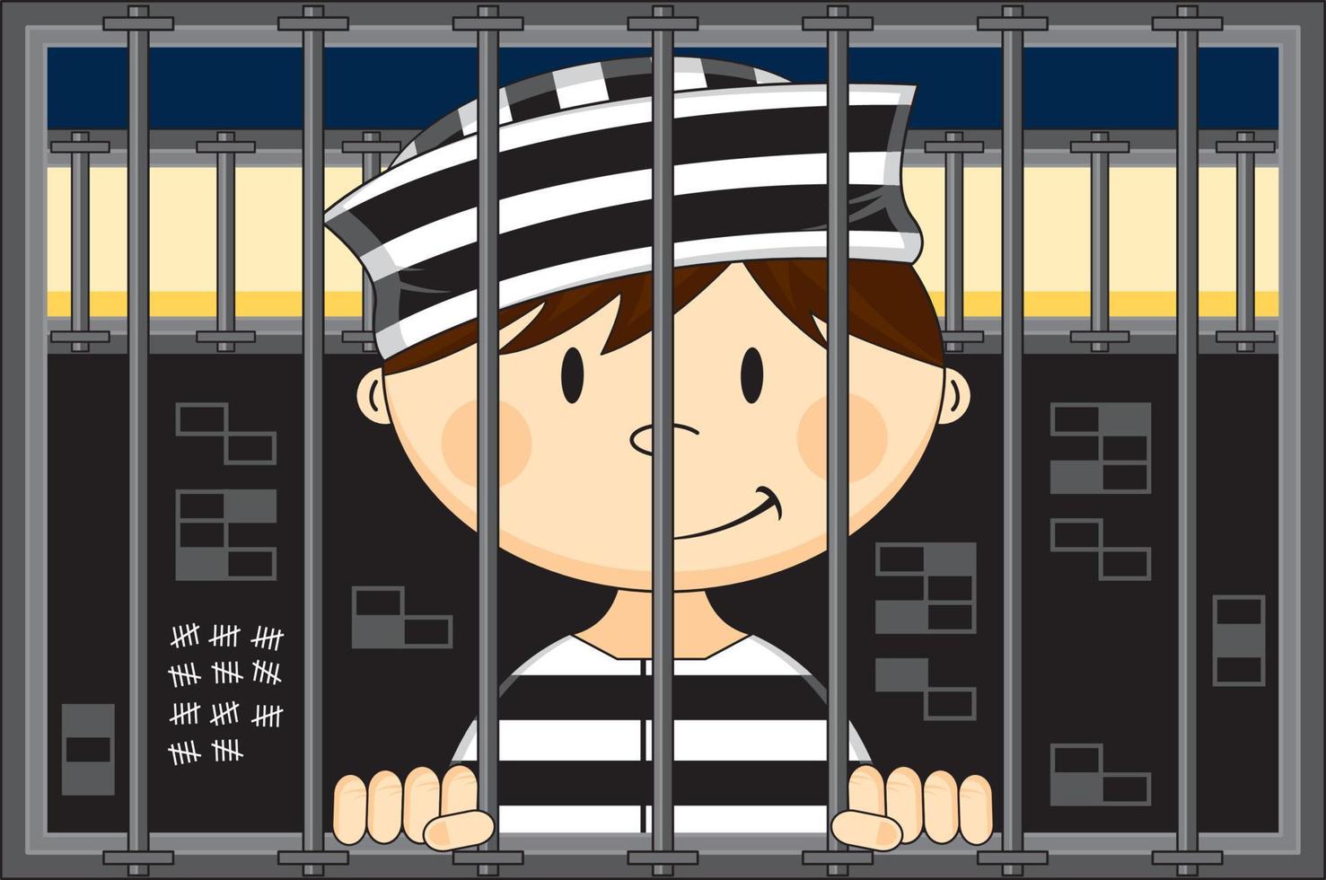 dessin animé prisonnier portant classique rayé prison uniforme dans prison cellule vecteur