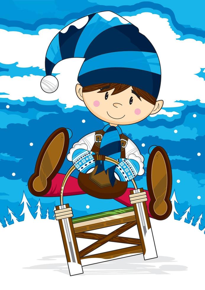 mignonne dessin animé Noël elfe équitation sur une luge vecteur