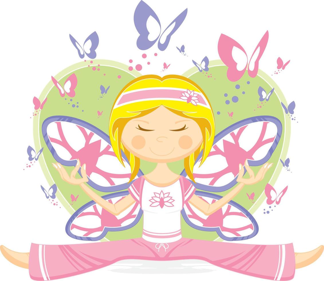 mignonne dessin animé yoga fille avec ailes et papillons illustration vecteur