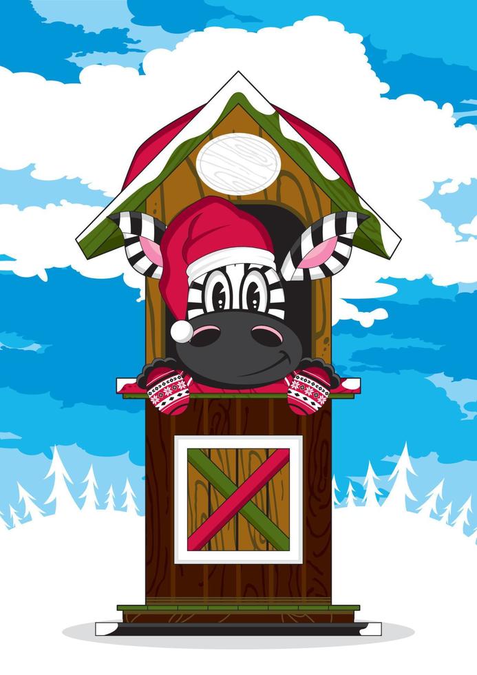 mignonne dessin animé Père Noël claus Noël zèbre personnage dans cabane vecteur