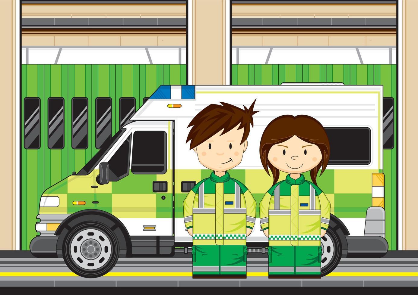 mignonne dessin animé Britanique ambulanciers avec ambulance à station vecteur