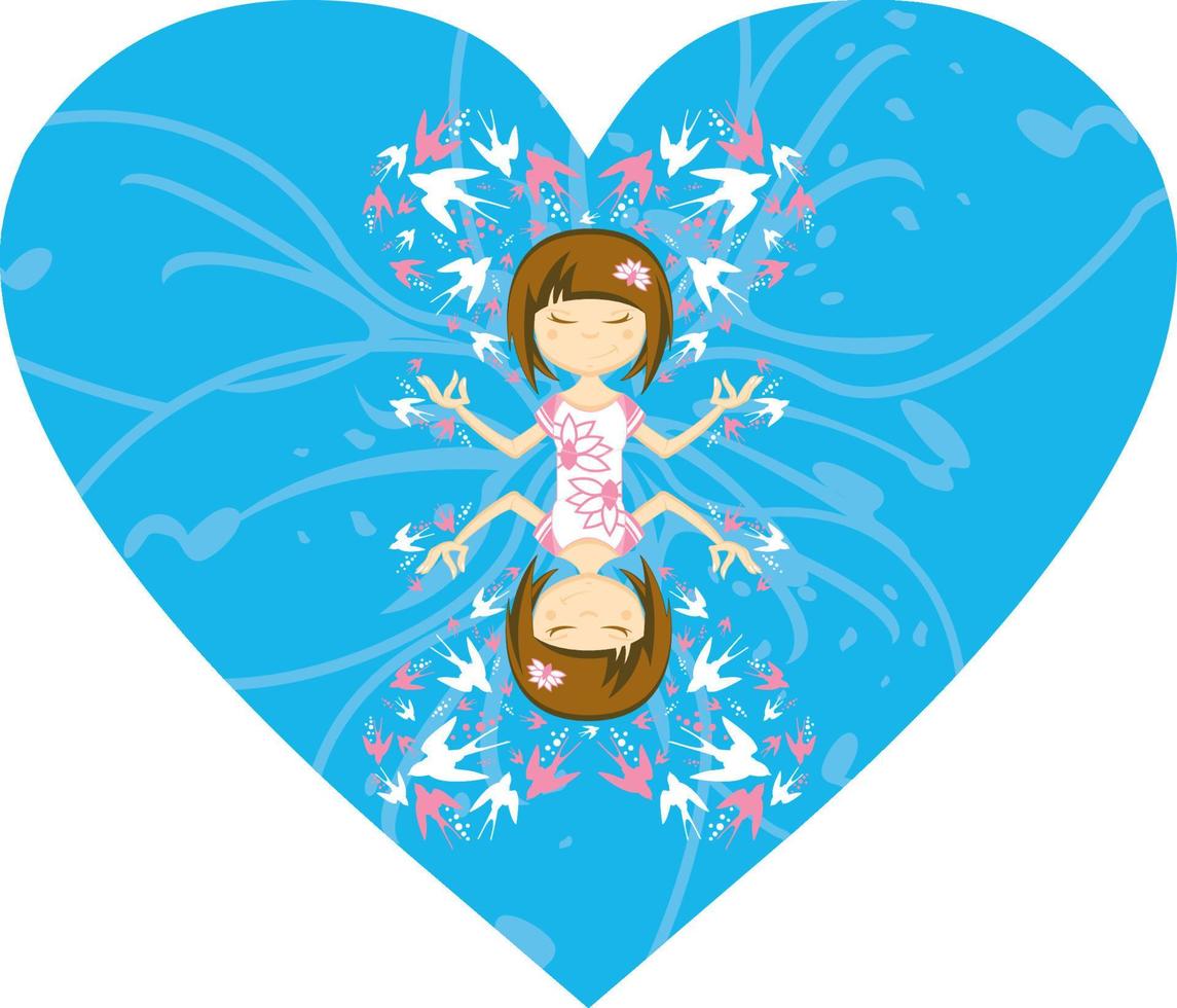 mignonne dessin animé yoga fille avec avale dans cœur illustration vecteur
