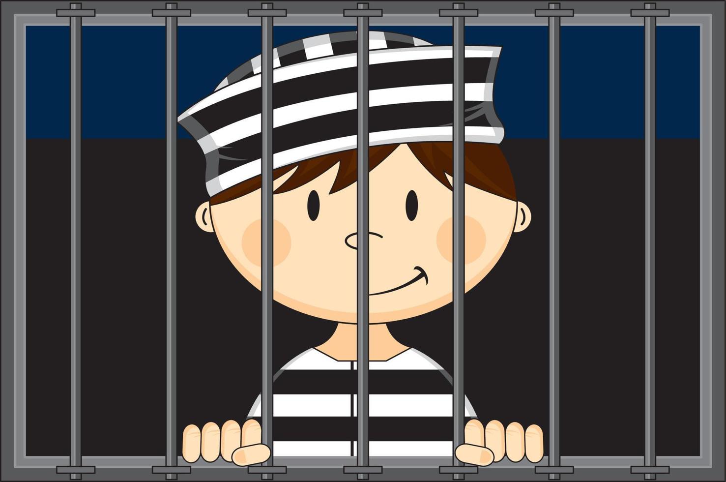 dessin animé prisonnier portant classique rayé prison uniforme dans prison cellule vecteur