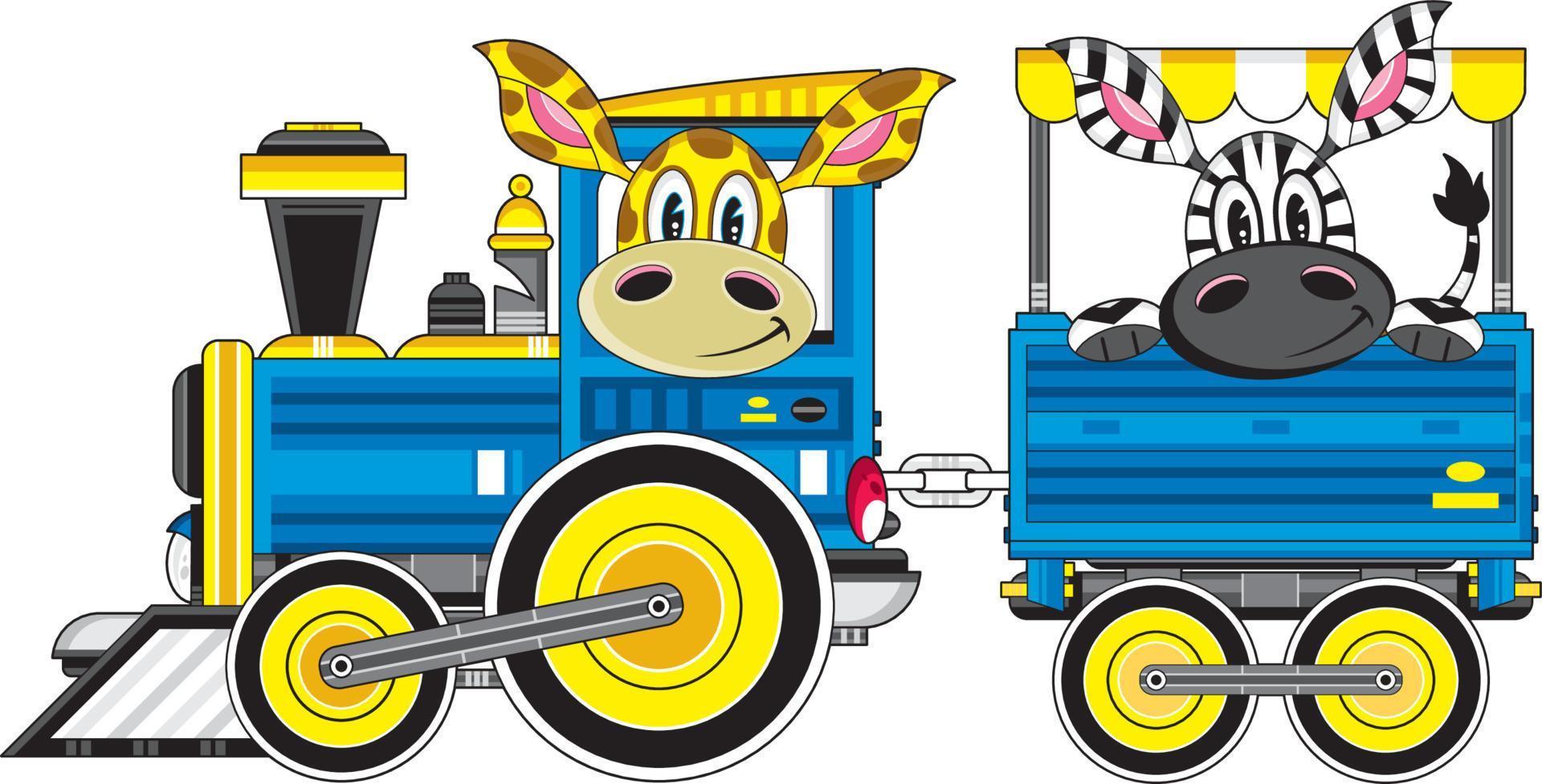 mignonne dessin animé girafe conduite train avec zèbre passager vecteur