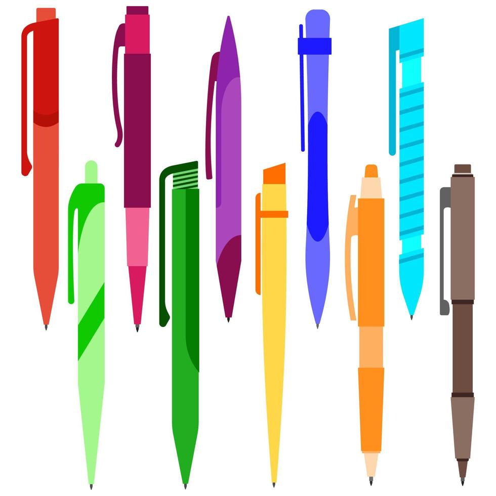 ensemble de stylos multicolores sur fond blanc. illustration vectorielle. vecteur
