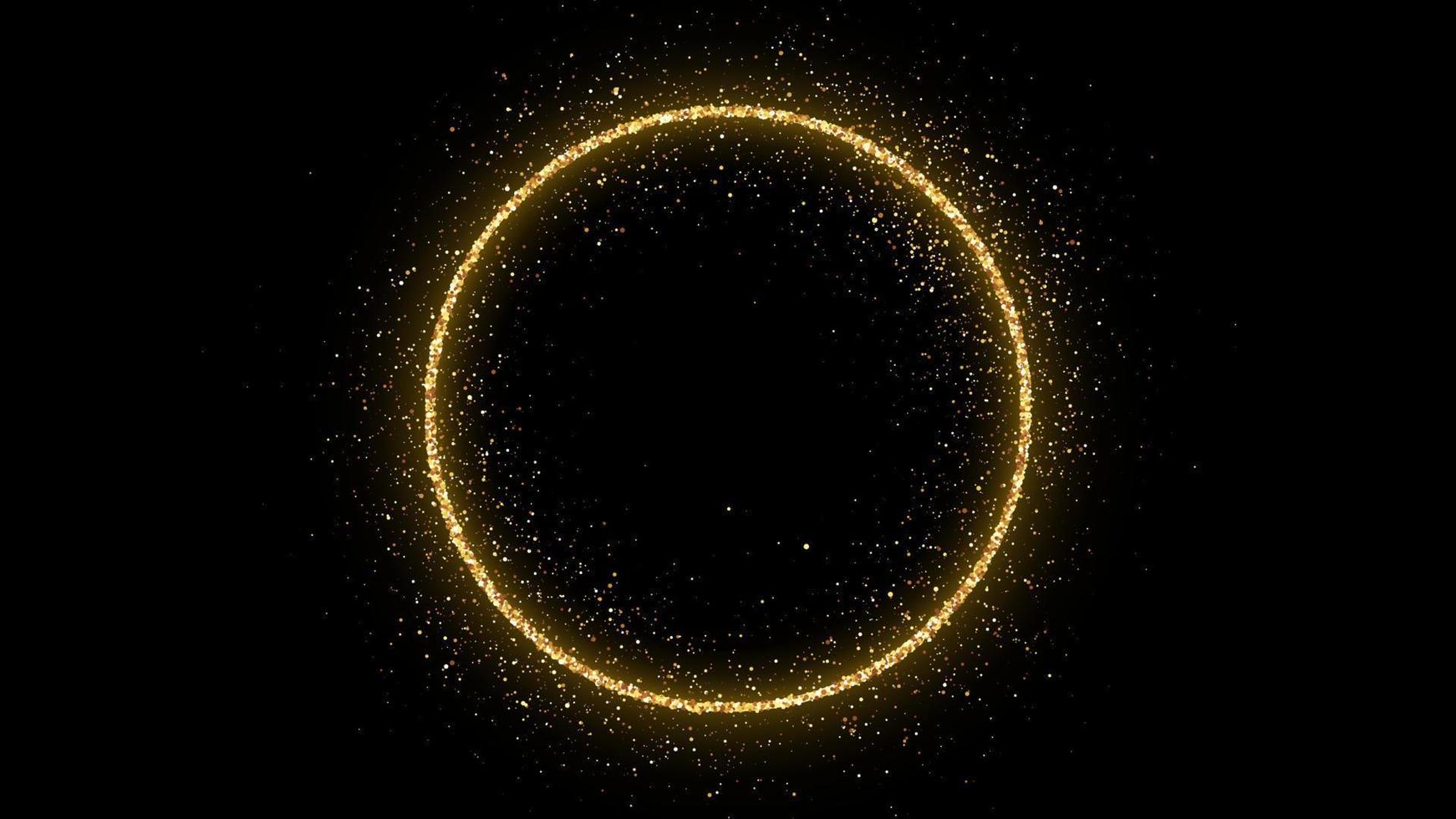 cadre de cercle doré avec des paillettes, des étincelles et des fusées éclairantes sur fond sombre. toile de fond de luxe vide. illustration vectorielle. vecteur