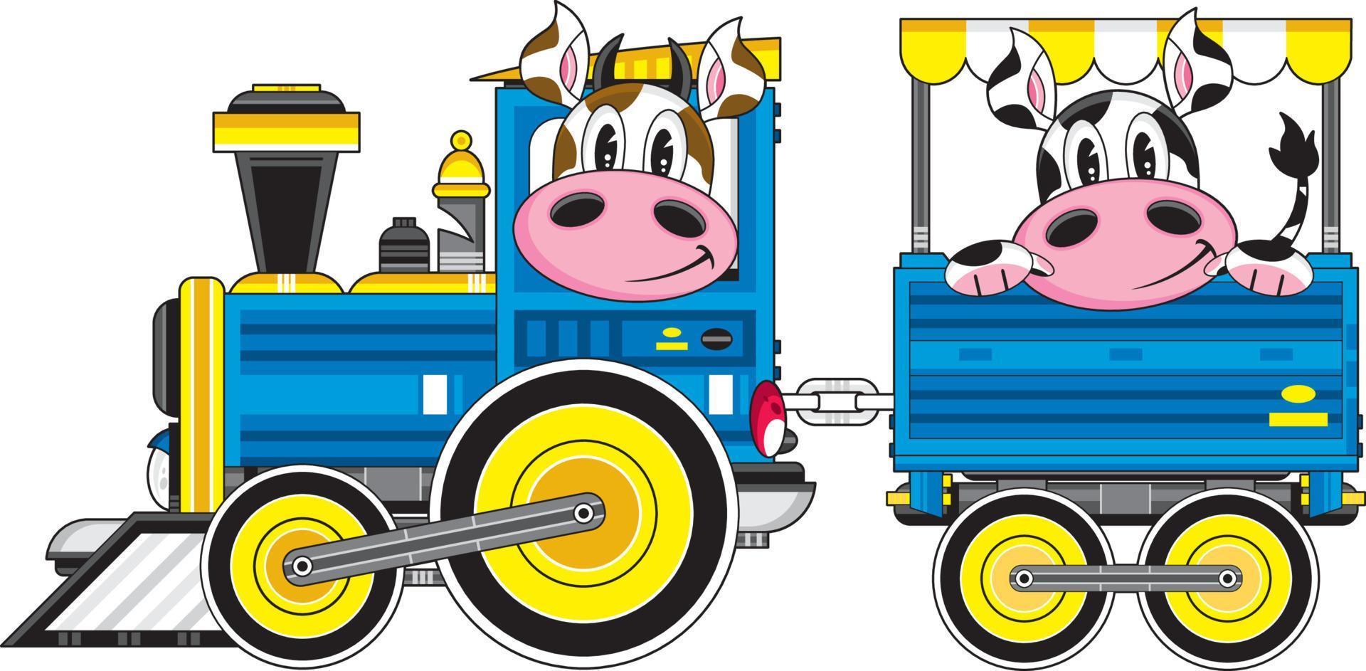 mignonne dessin animé vache conduite train avec le chariot vecteur
