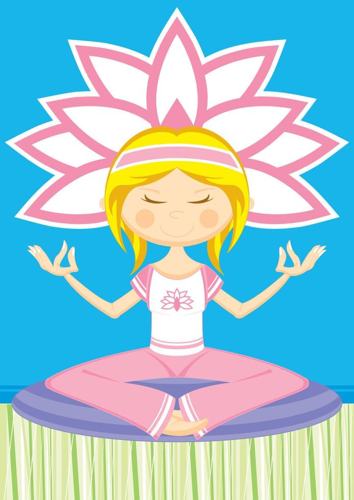 mignonne dessin animé méditer yoga fille illustration vecteur