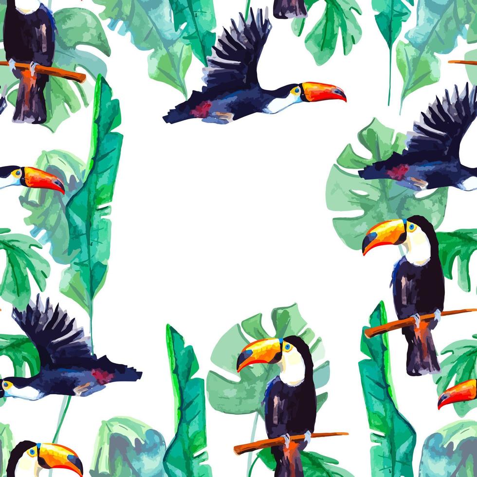 tropical Cadre avec monstera feuilles et tucano des oiseaux aquarelle décor vecteur