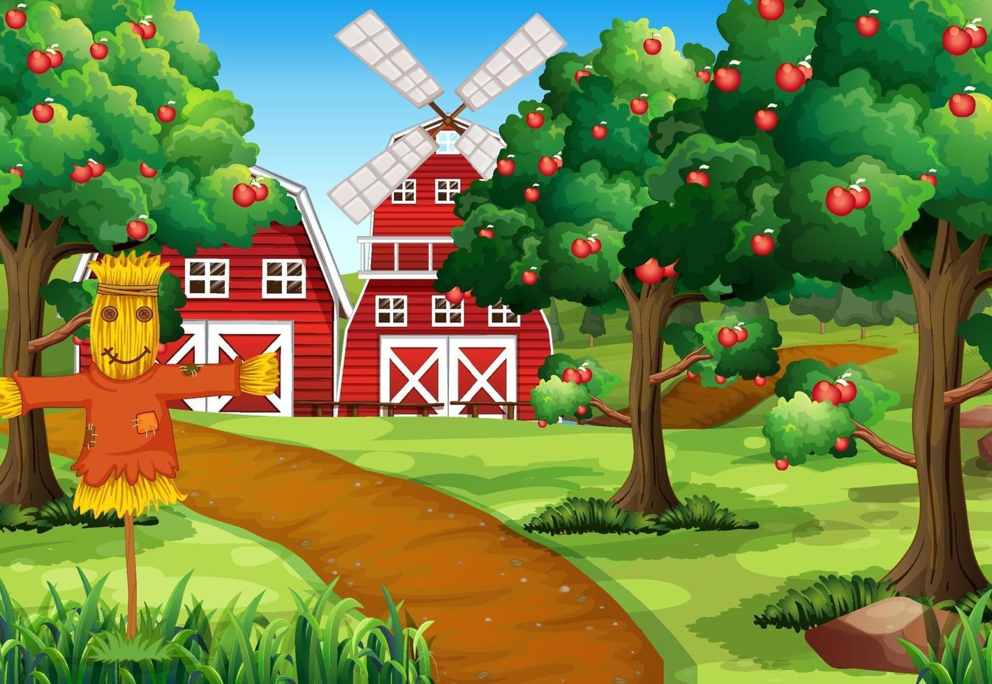 scène de ferme avec grange rouge et moulin à vent vecteur
