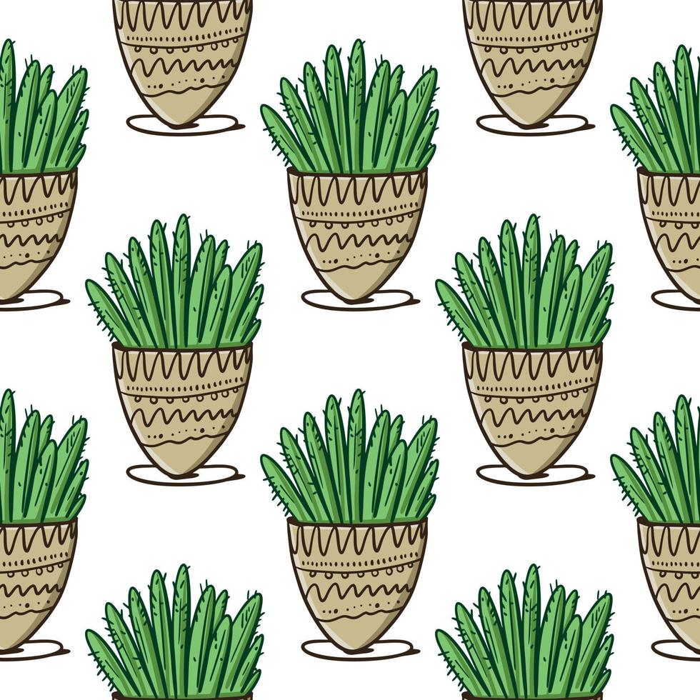 mignonne vert maison cactus dans pot sans couture modèle. main tiré vecteur illustration.